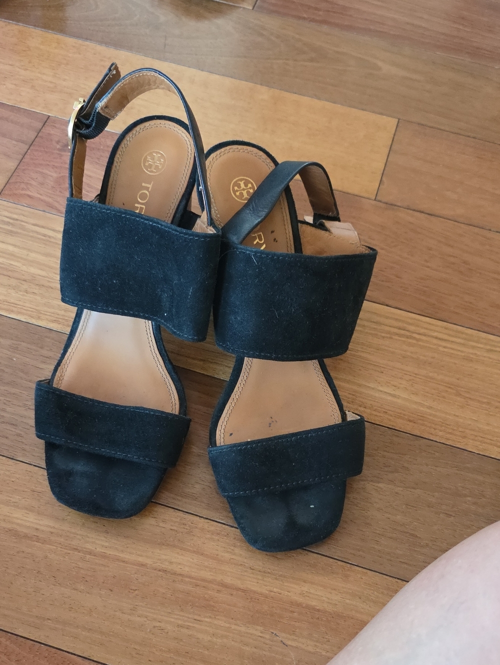 Tory Burch Black Suede Wide-Strap Slingback Sandals